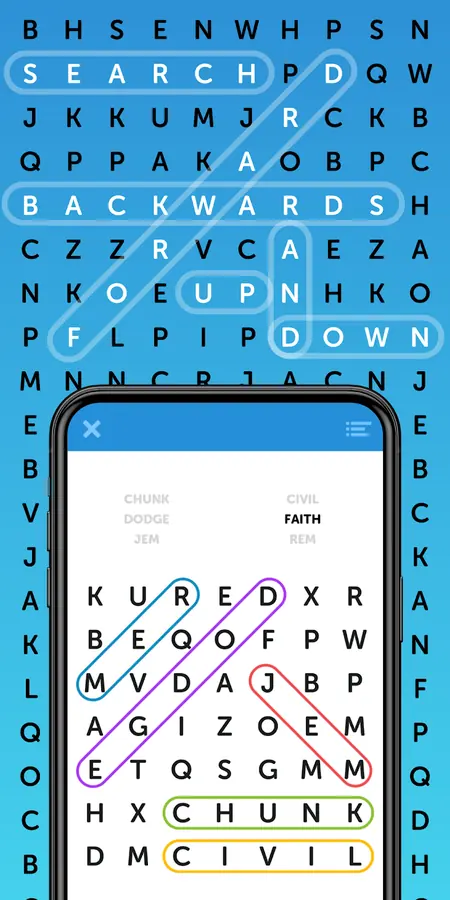 Θεματική λίστα λέξεων πάνω από το πλέγμα στο Simple Word Search Puzzles